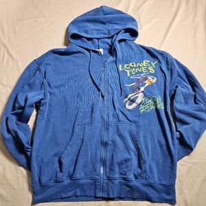 Looney Tunes Wile E Coyote Road Runner Hoodie Men 2XL Blue Zip Up Sweatshirt Y2K